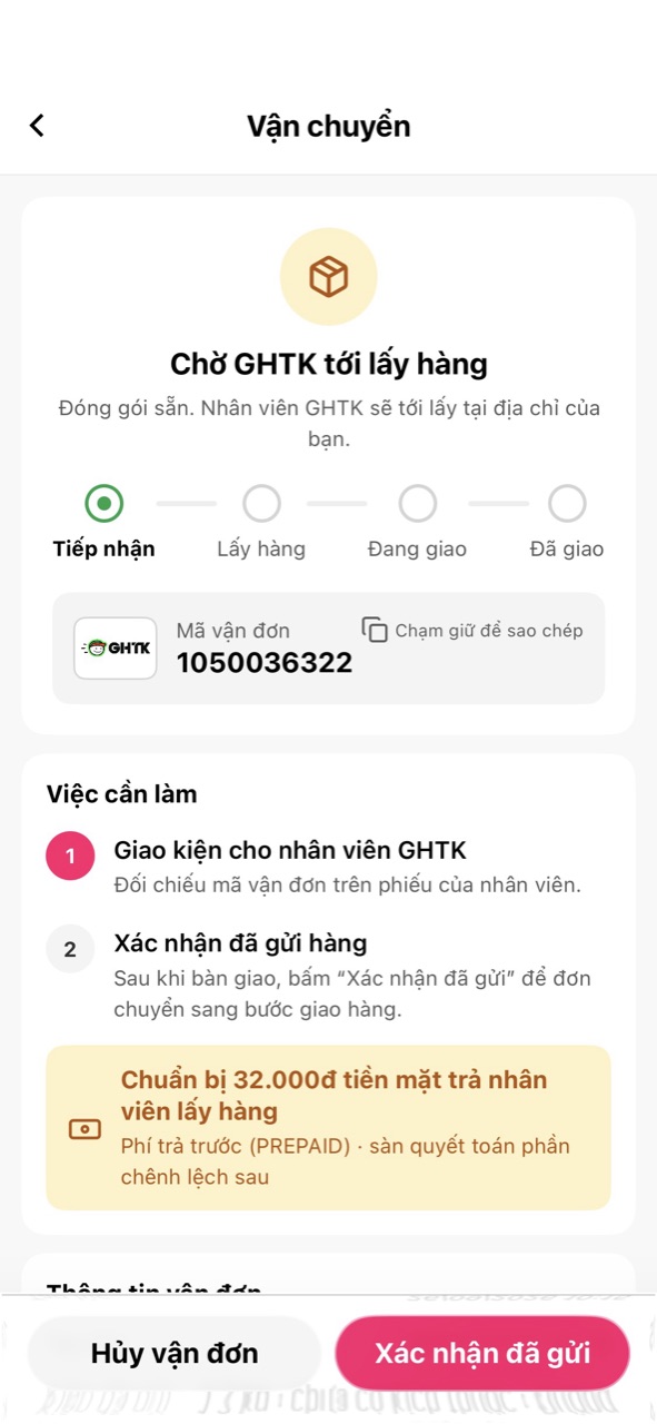 Màn Vận chuyển: chờ GHTK tới lấy hàng, mã vận đơn, việc cần làm