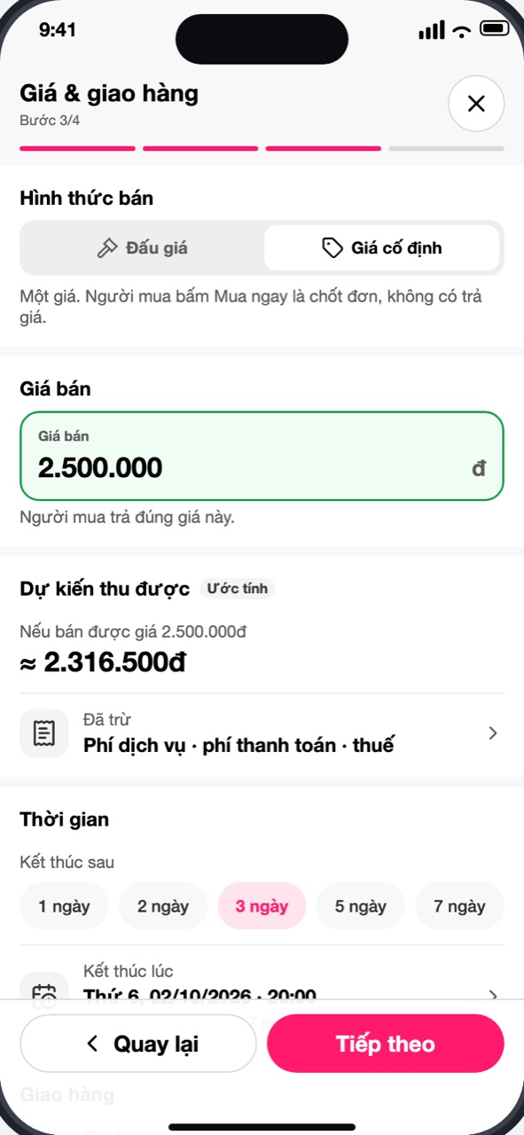 Hình thức bán Giá cố định và mục Thời gian