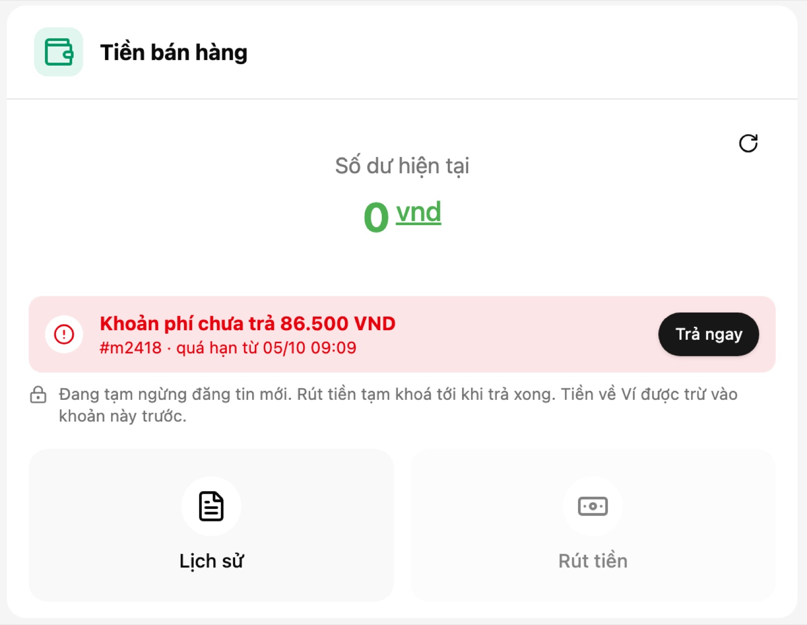 Khối Khoản phí chưa trả với nút Trả ngay, nút Rút tiền bị mờ