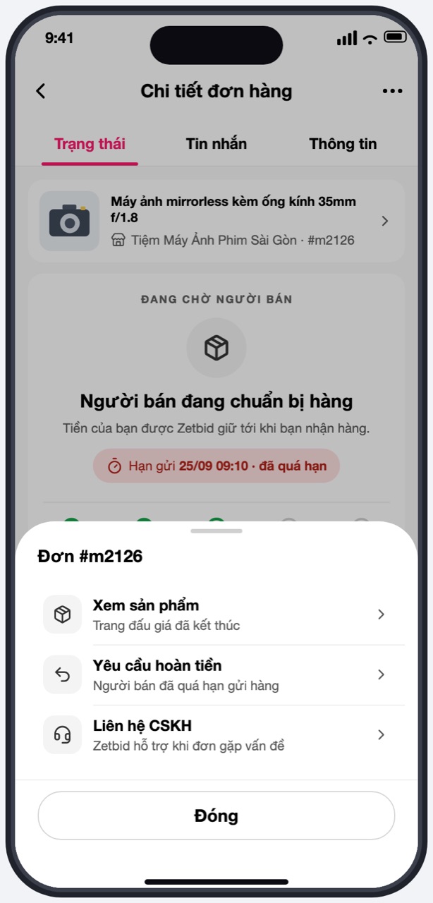 Menu ⋯ của đơn với dòng Yêu cầu hoàn tiền