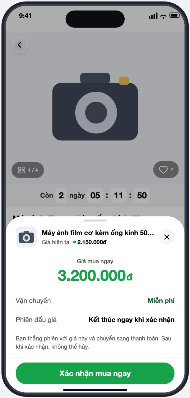 Bảng Mua ngay với nút Xác nhận mua ngay