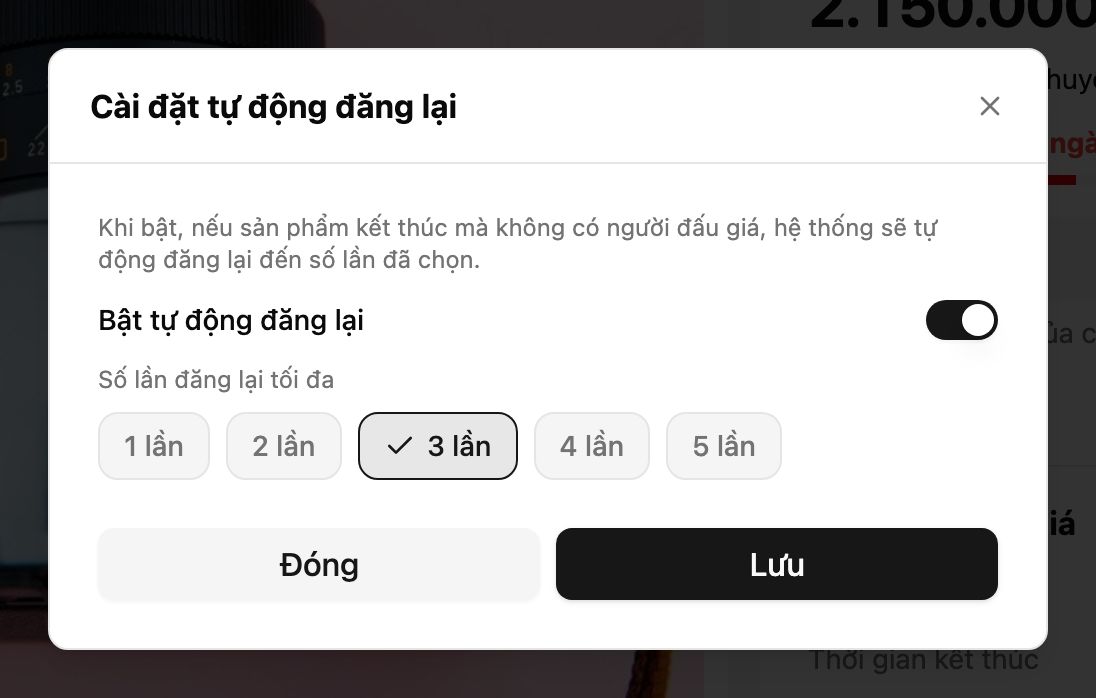 Hộp Cài đặt tự động đăng lại: công tắc và số lần đăng lại tối đa