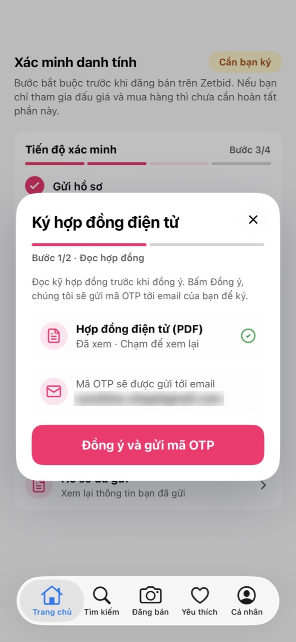 Bước 1/2 Đọc hợp đồng, nút Đồng ý và gửi mã OTP