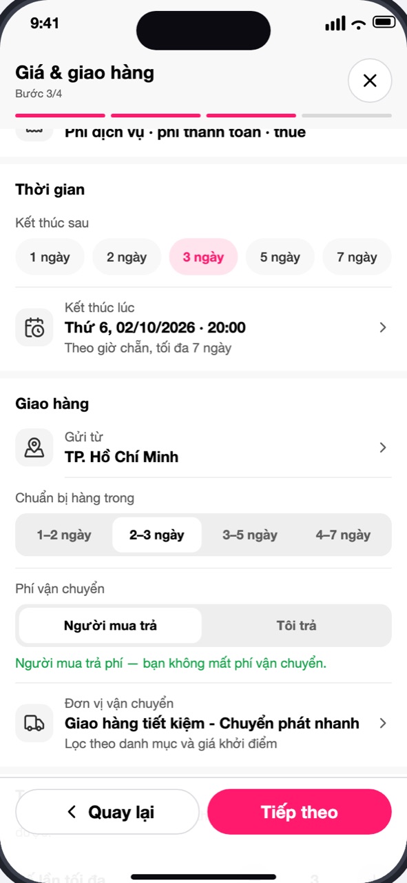 Mục Giao hàng: Gửi từ, Chuẩn bị hàng trong, Phí vận chuyển, Đơn vị vận chuyển