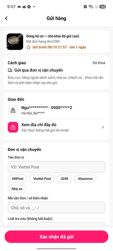 Màn khai gửi hàng: Cách giao đã khoá, Xem địa chỉ đầy đủ, đơn vị vận chuyển