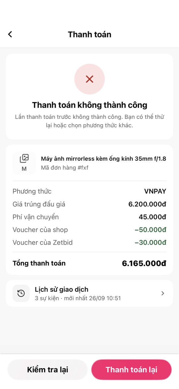 Thẻ Thanh toán không thành công