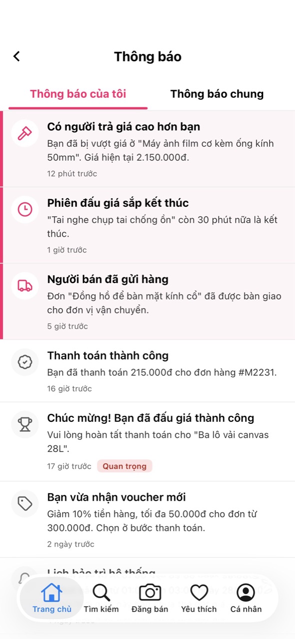 Màn Thông báo, tab Thông báo của tôi