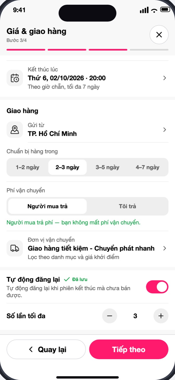 Công tắc Tự động đăng lại và Số lần tối đa