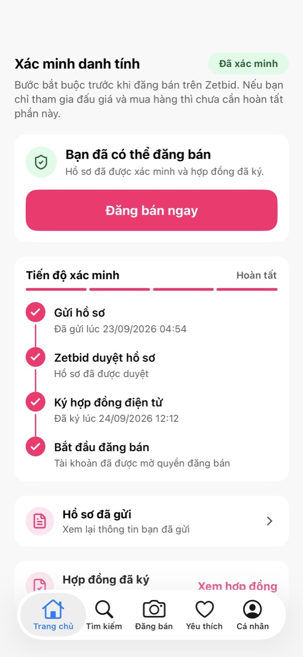 Đã xác minh, 4 mốc hoàn tất và nút Đăng bán ngay