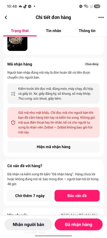 Thẻ Mã nhận hàng với cảnh báo giữ mã