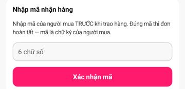 Thẻ Nhập mã nhận hàng với ô 6 chữ số và nút Xác nhận mã