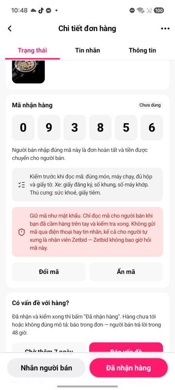 Mã nhận hàng 6 số đang hiện, nút Đổi mã và Ẩn mã