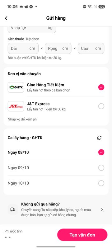 Dòng Không gửi qua hãng? ở cuối màn Gửi hàng