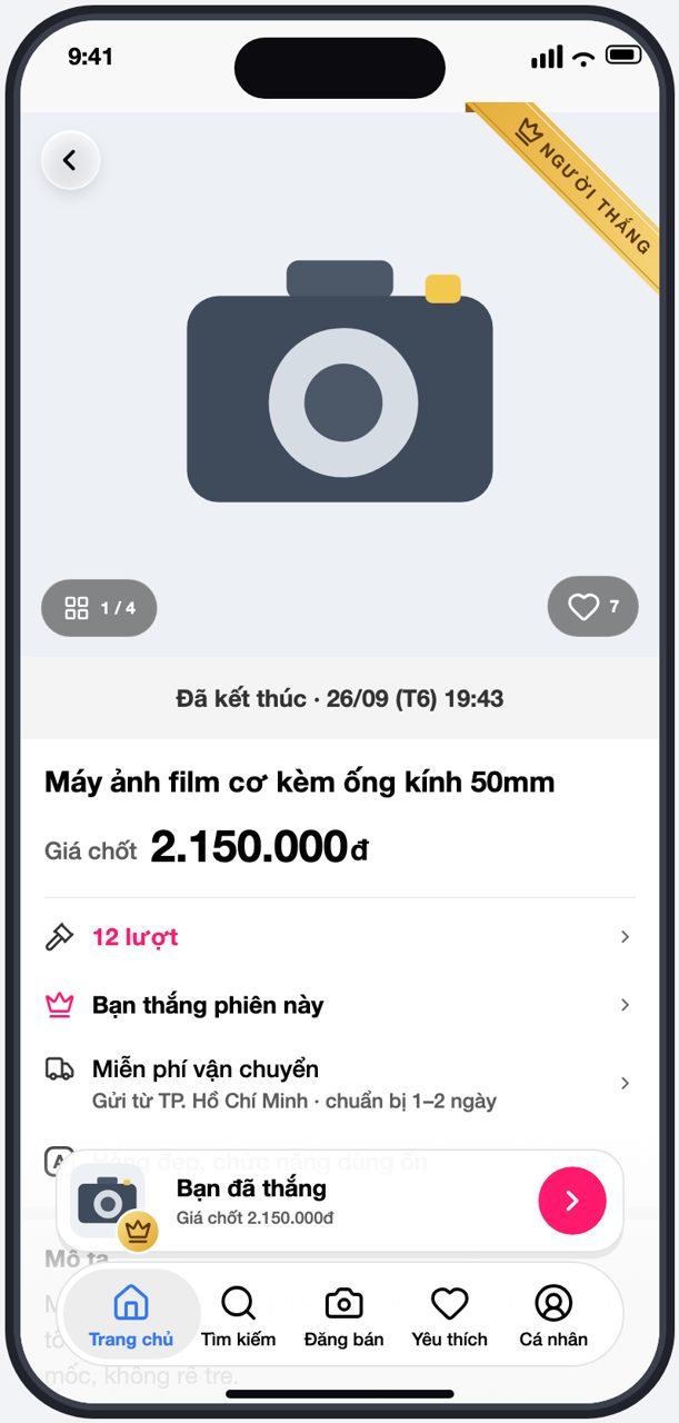 Trang sản phẩm sau khi thắng, có thanh Bạn đã thắng ở đáy