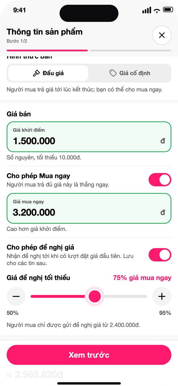 Tin đấu giá: % của giá mua ngay