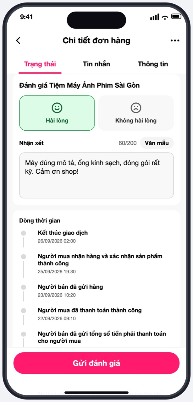 Thẻ đánh giá người bán: Hài lòng, Không hài lòng, Nhận xét