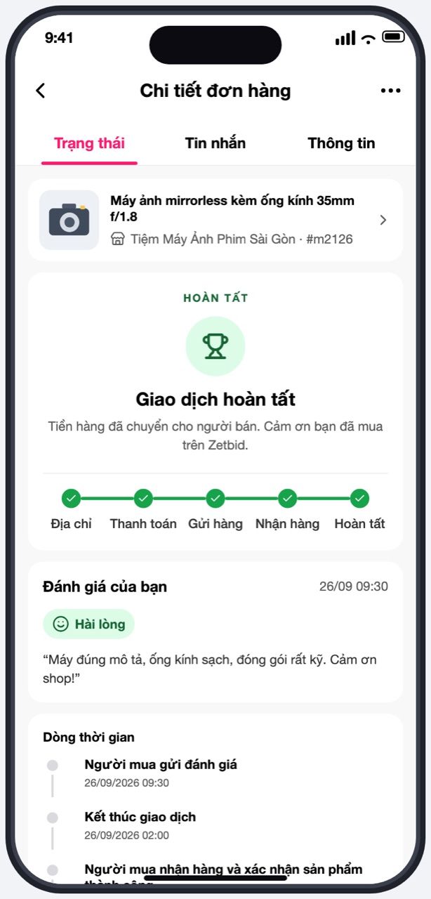 Đơn hoàn tất với thẻ Đánh giá của bạn