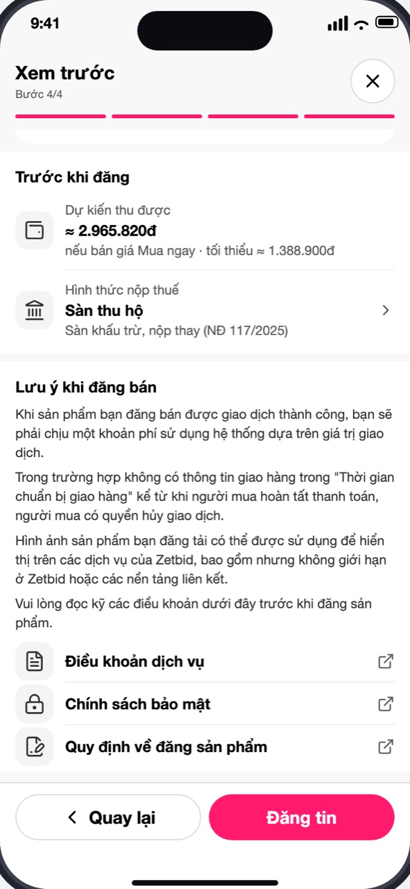 Mục Trước khi đăng: Dự kiến thu được, Hình thức nộp thuế, Lưu ý khi đăng bán