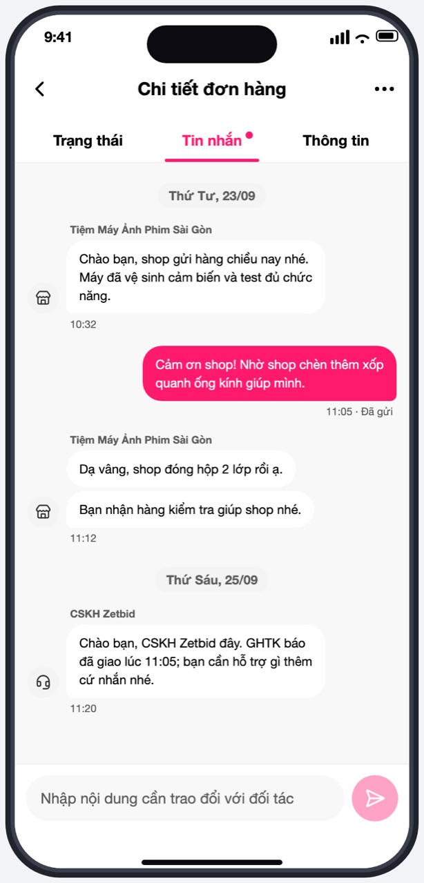 Tab Tin nhắn của đơn hàng
