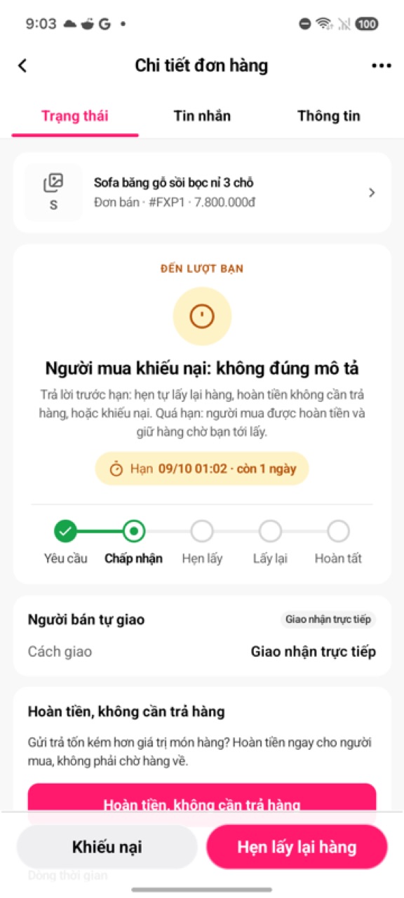Người mua khiếu nại không đúng mô tả: thẻ Hoàn tiền, không cần trả hàng, nút Khiếu nại và Hẹn lấy lại hàng