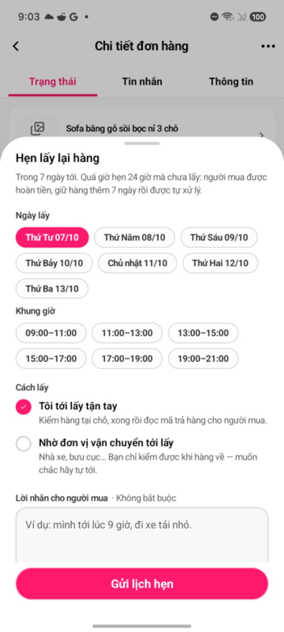 Bảng Hẹn lấy lại hàng: ngày lấy, khung giờ, cách lấy, nút Gửi lịch hẹn