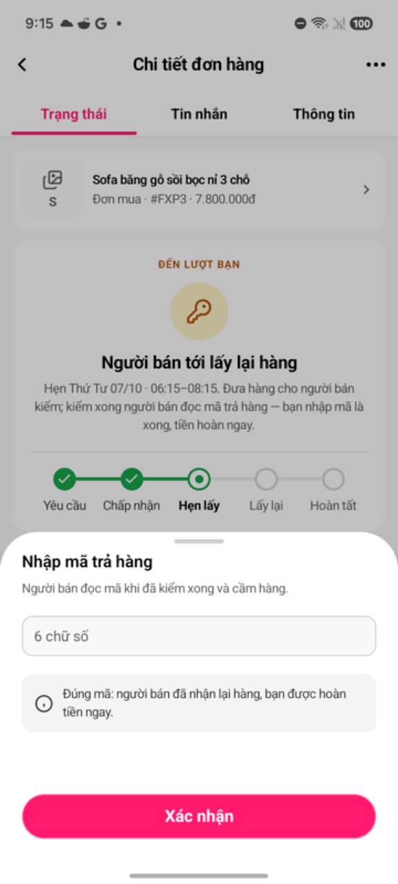 Thẻ Người bán tới lấy lại hàng và sheet Nhập mã trả hàng