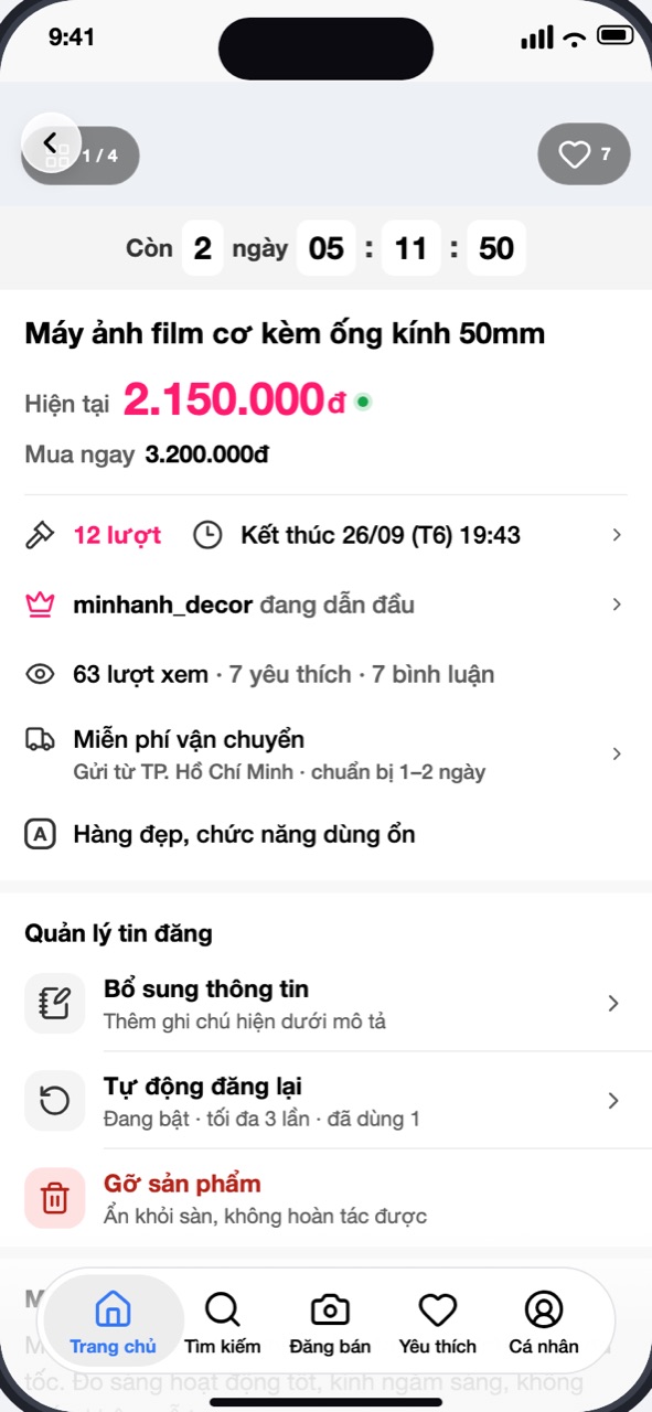 Trang sản phẩm của người bán với mục Quản lý tin đăng