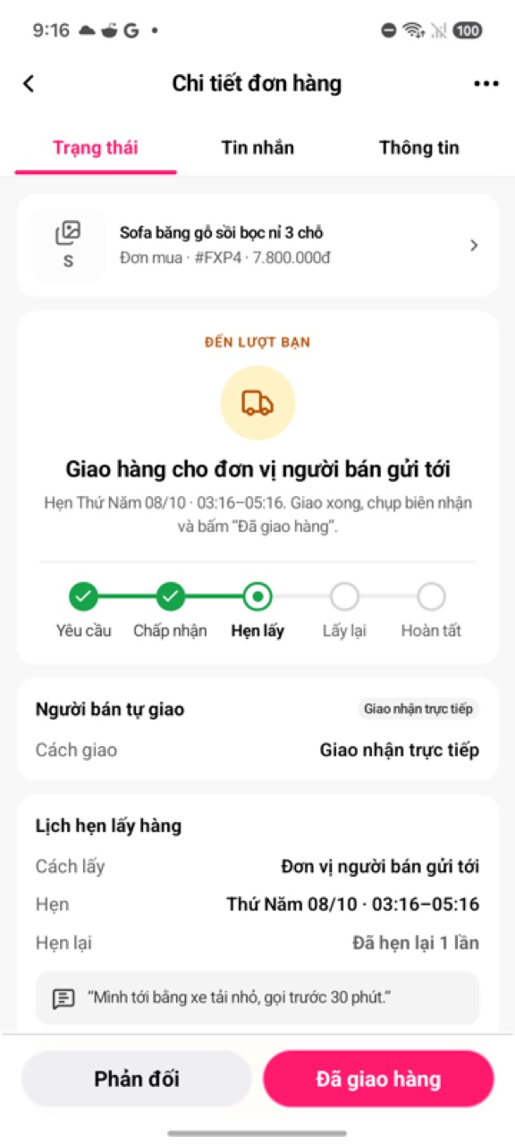 Thẻ Giao hàng cho đơn vị người bán gửi tới với nút Đã giao hàng và Phản đối