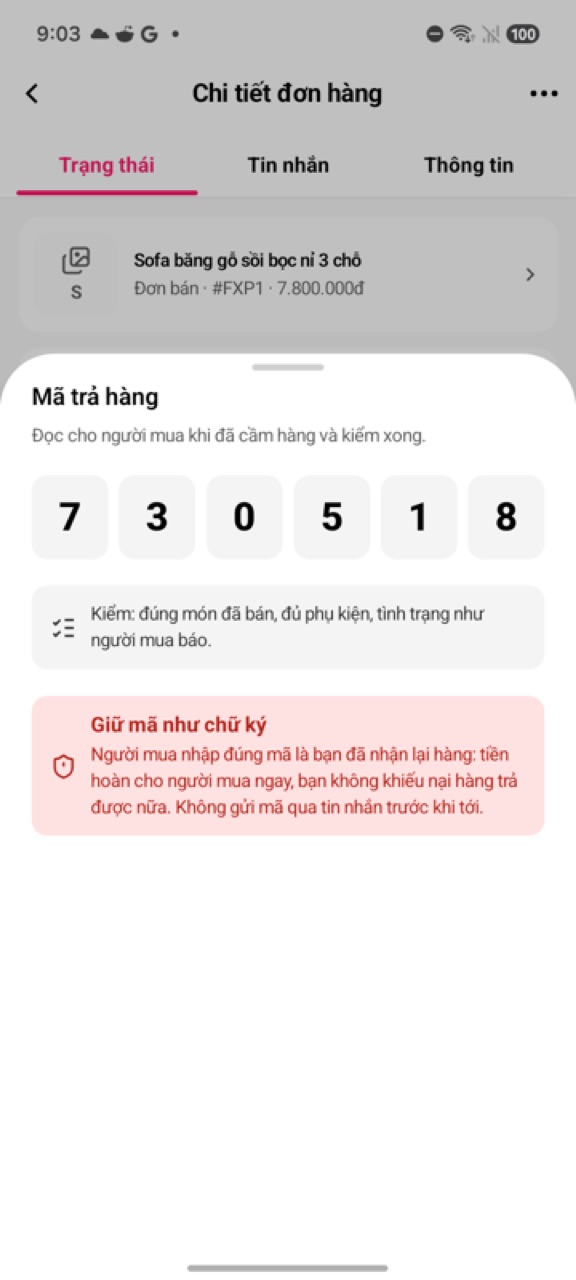 Bảng Mã trả hàng 6 chữ số và lời nhắc Giữ mã như chữ ký