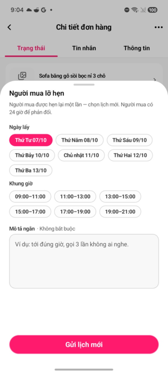 Bảng Người mua lỡ hẹn: chọn lịch mới, nút Gửi lịch mới
