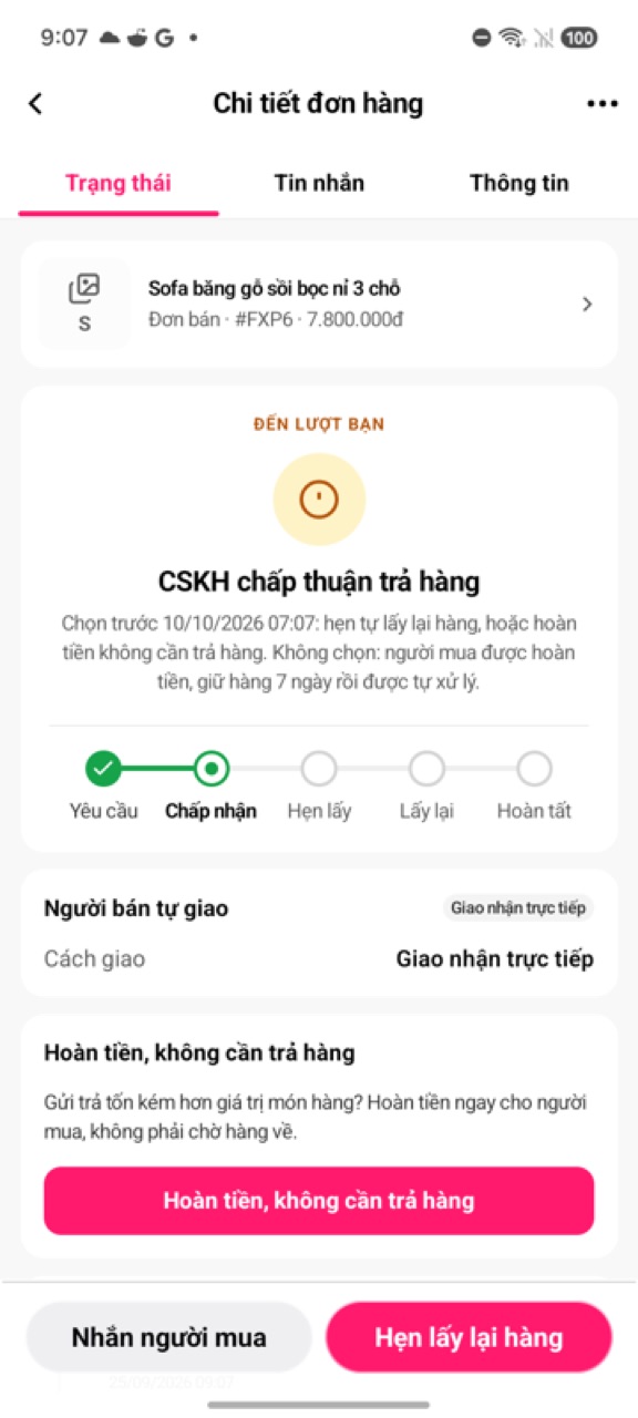CSKH chấp thuận trả hàng: hạn chọn, thẻ Hoàn tiền, không cần trả hàng, nút Hẹn lấy lại hàng