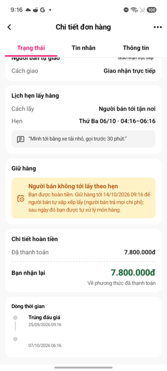Thẻ Giữ hàng: Người bán không tới lấy theo hẹn, bạn được hoàn tiền