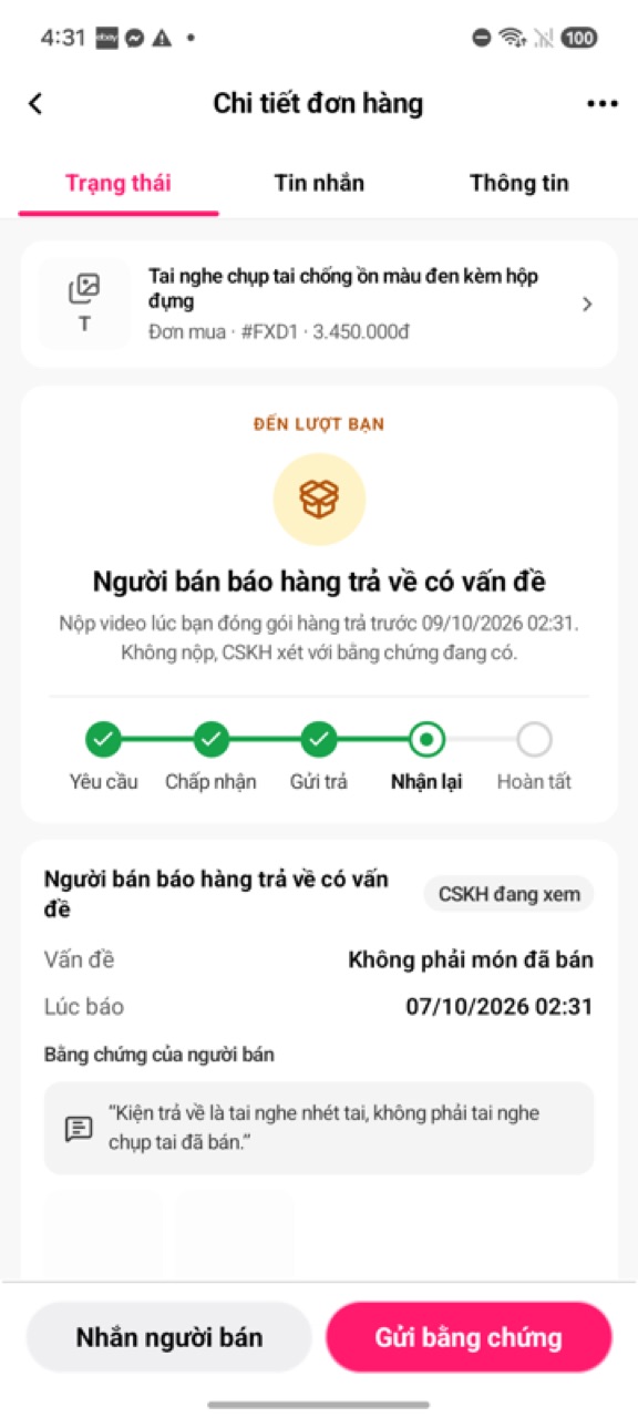 Thẻ Người bán báo hàng trả về có vấn đề với nút Gửi bằng chứng
