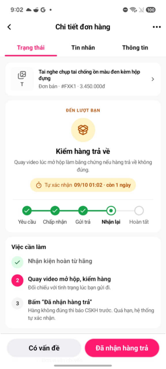 Kiểm hàng trả về: hạn tự xác nhận, nút Có vấn đề và Đã nhận hàng trả
