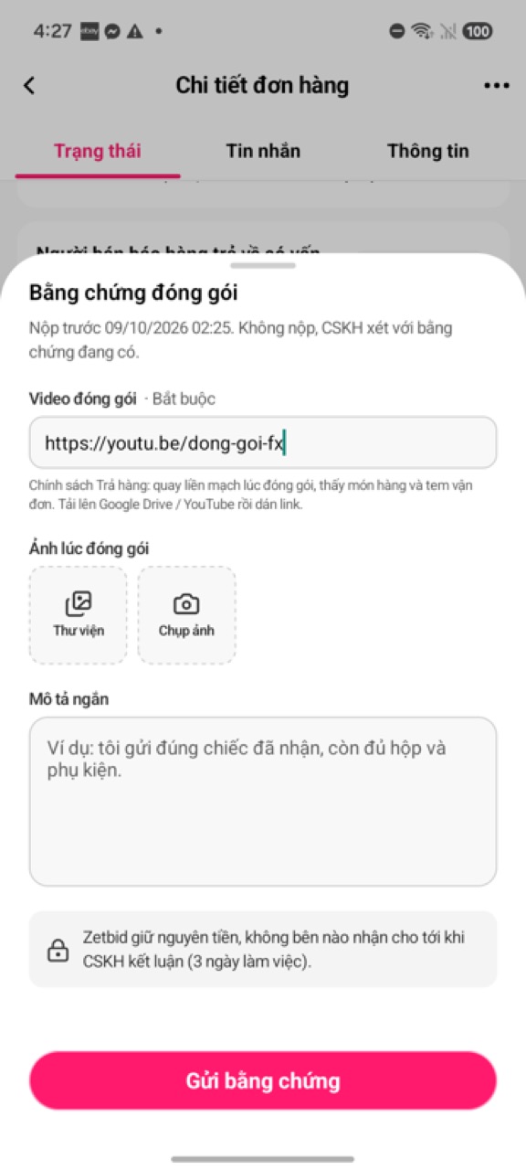 Sheet Bằng chứng đóng gói: link video, ảnh, mô tả