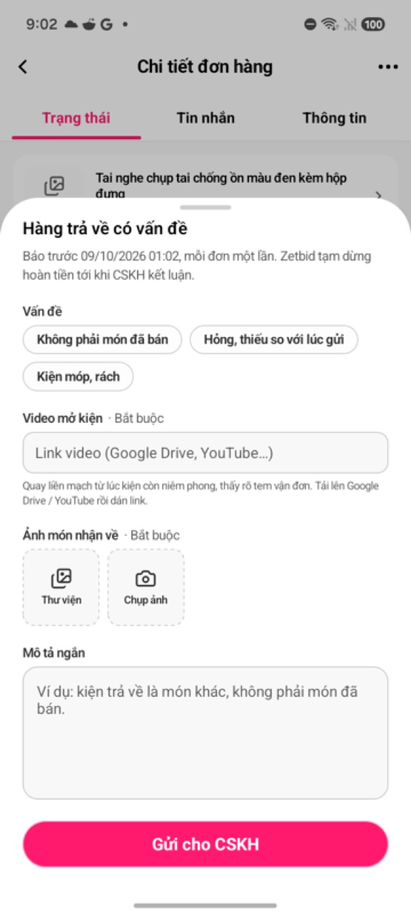 Bảng Hàng trả về có vấn đề: vấn đề, link video mở kiện, ảnh, mô tả, nút Gửi cho CSKH