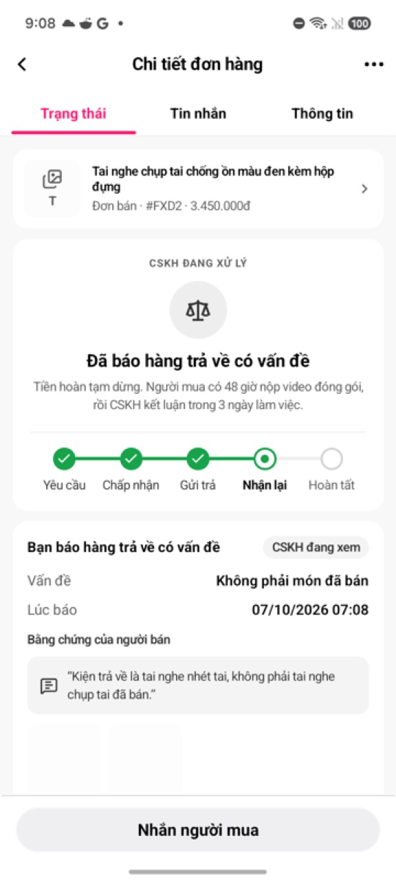 Đã báo hàng trả về có vấn đề: tiền hoàn tạm dừng, chờ CSKH kết luận